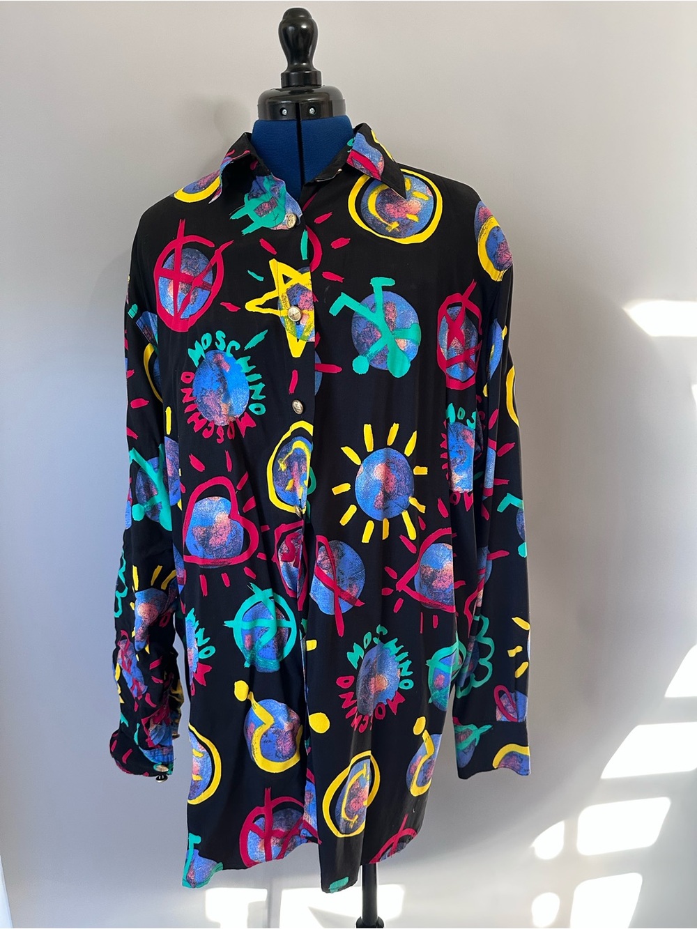 Rare Iconic Moschino Black Button-Down Shirt with Bright Multicolor Graphics